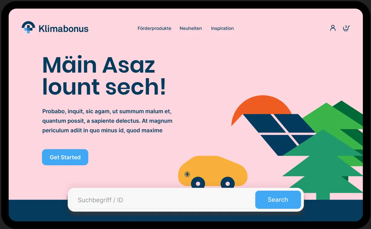 Klimabonus UI mockup, homepage