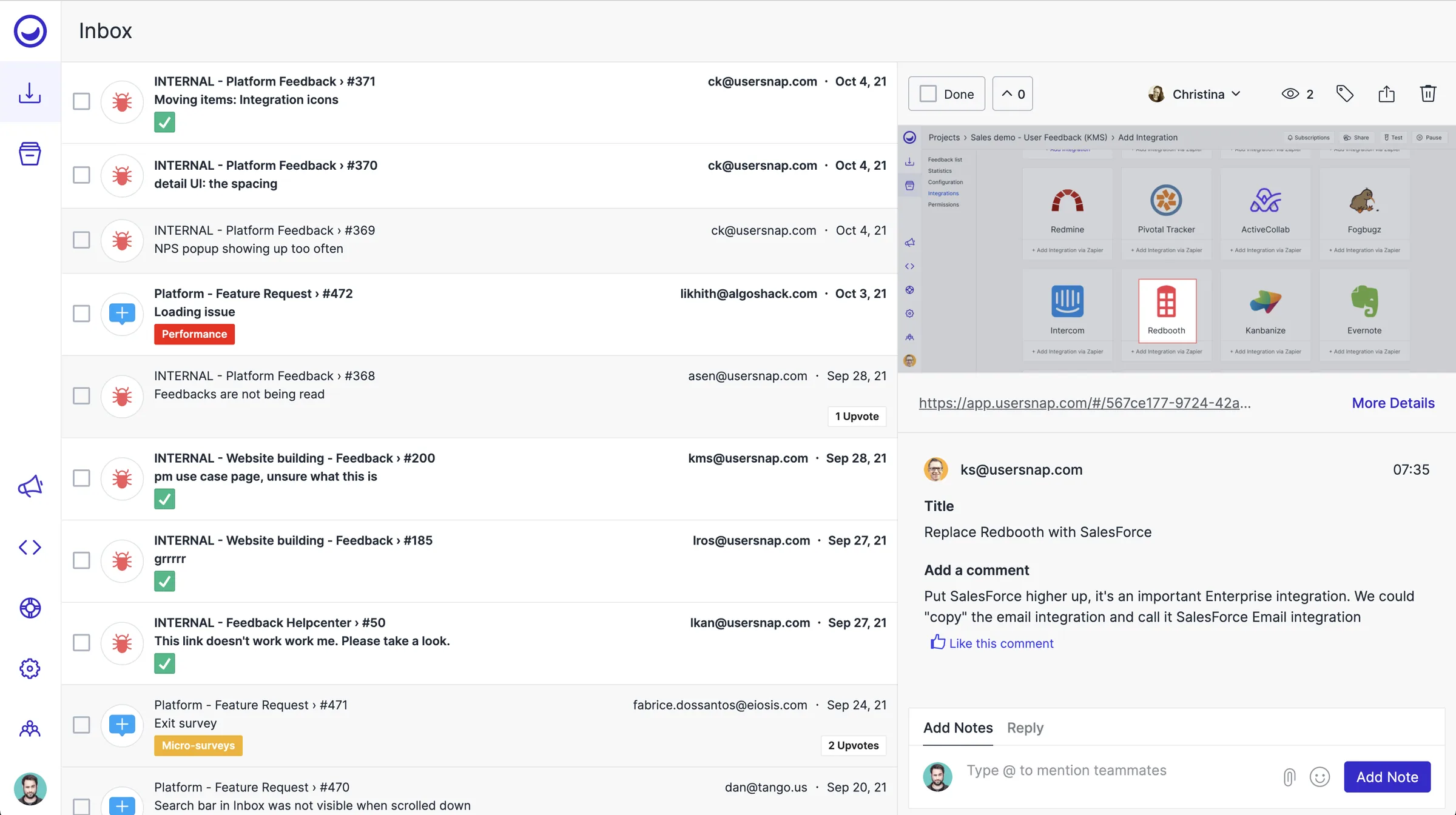 Usersnap updated dashboard, inbox view