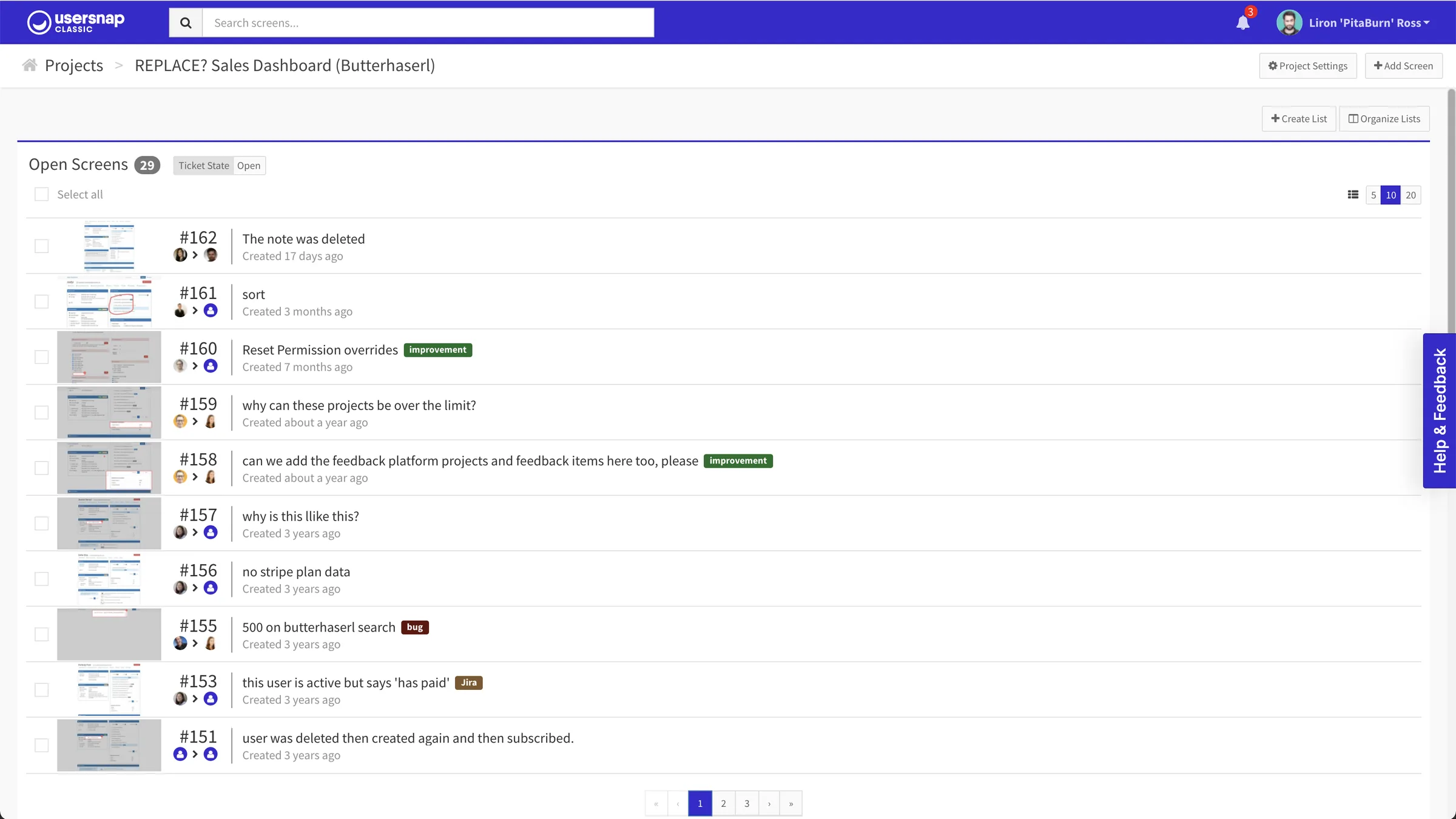 Usersnap old dashboard, feedback list view